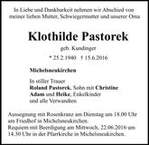 Traueranzeige Klothilde Pastorek
