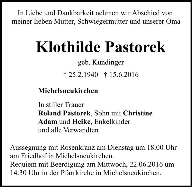 Traueranzeige Klothilde Pastorek