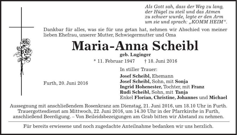 Traueranzeige Maria-Anna Scheibl