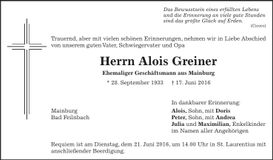 Traueranzeige Alois Greiner