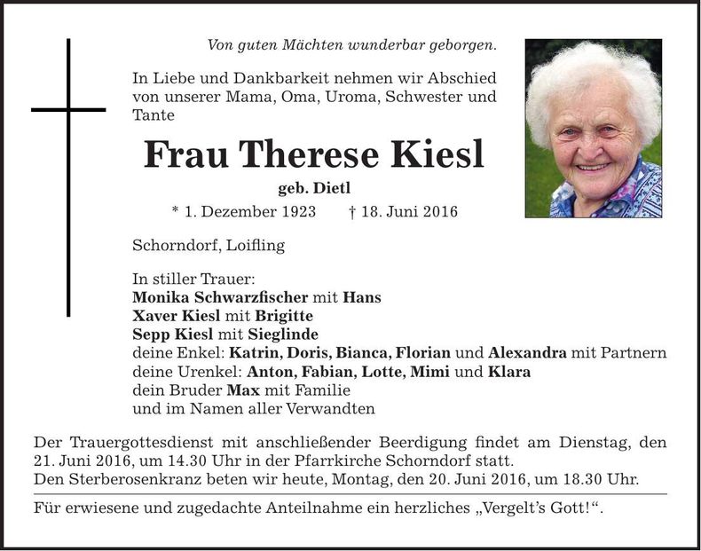 Traueranzeige Therese Kiesl