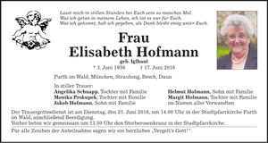 Traueranzeige Elisabeth Hofmann