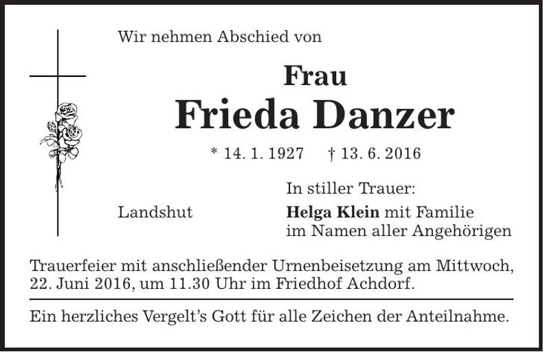 Traueranzeige Frieda Danzer