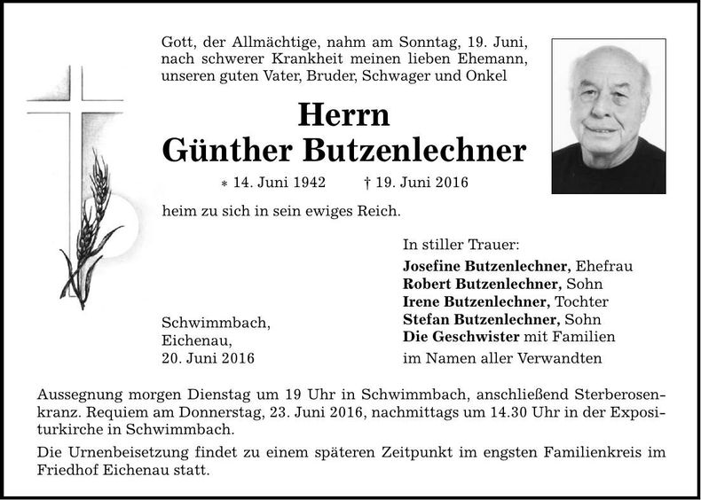 Traueranzeige Günther Butzenlechner