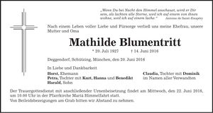 Traueranzeige Mathilde Blumentritt