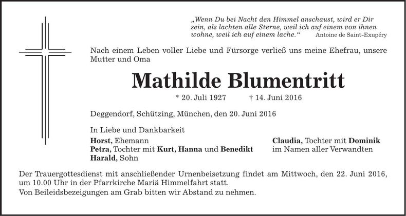 Traueranzeige Mathilde Blumentritt