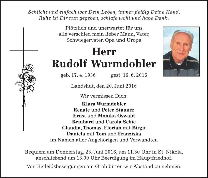 Traueranzeige Rudolf Wurmdobler