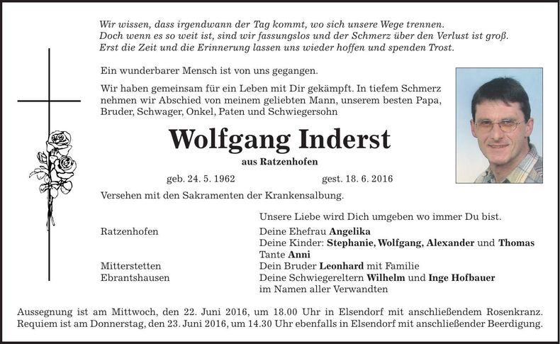 Traueranzeige Wolfgang Inderst