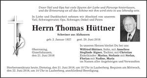 Traueranzeige Thomas Hüttner