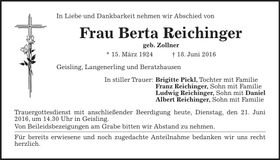 Traueranzeige Berta Reichinger
