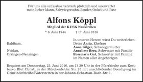 Traueranzeige Alfons Köppl