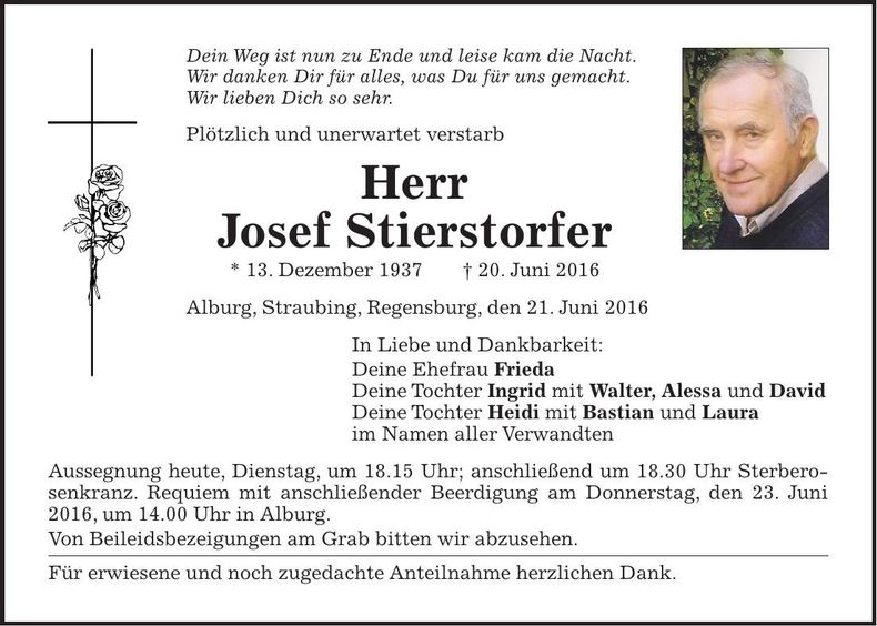 Traueranzeige Josef Stierstorfer