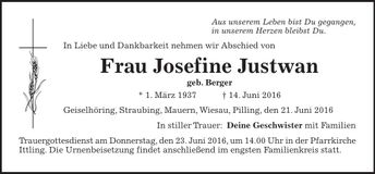 Traueranzeige Josefine Justwan