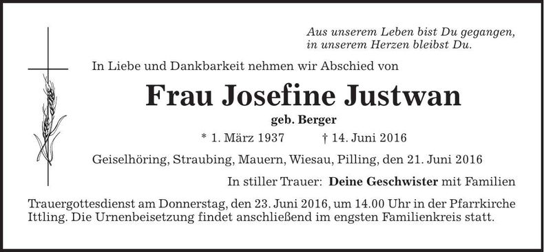 Traueranzeige Josefine Justwan