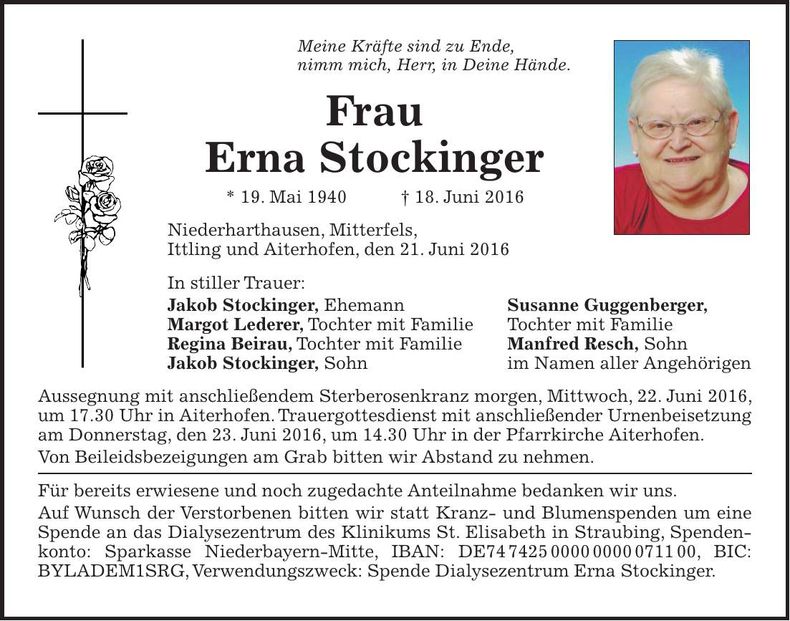 Traueranzeige Erna Stockinger
