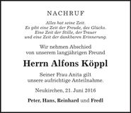 Traueranzeige Alfons Köppl