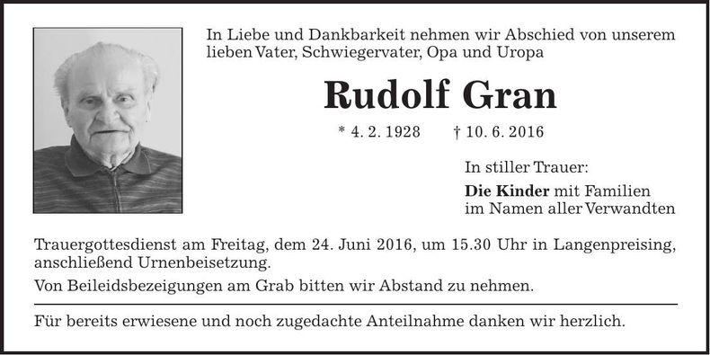 Traueranzeige Rudolf Gran