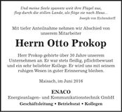 Traueranzeige Otto Prokop