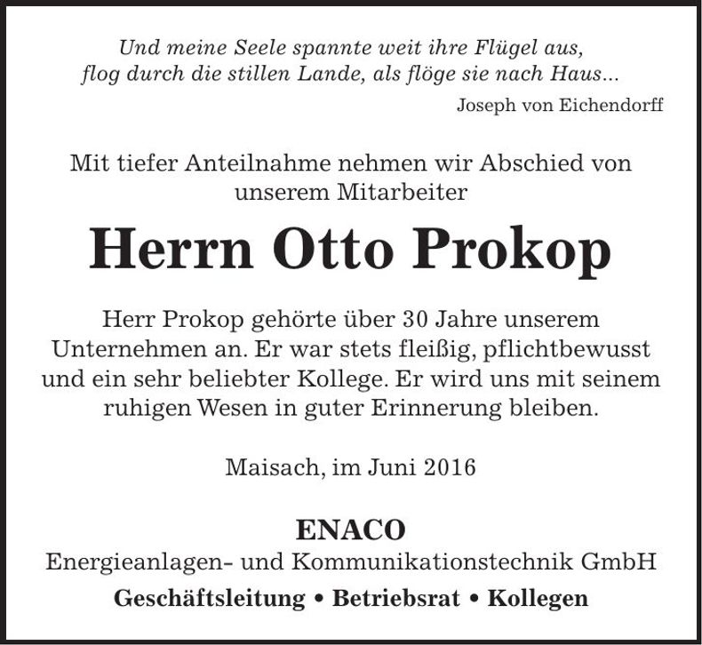Traueranzeige Otto Prokop