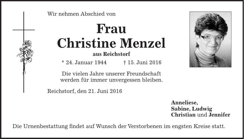 Traueranzeige Christine Menzel