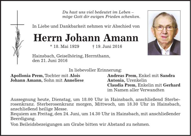 Traueranzeige Johann Amann