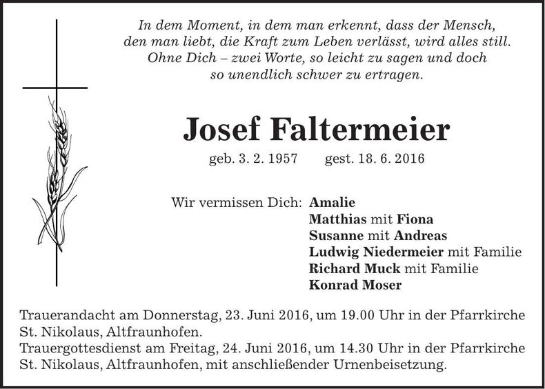 Traueranzeige Josef Faltermeier