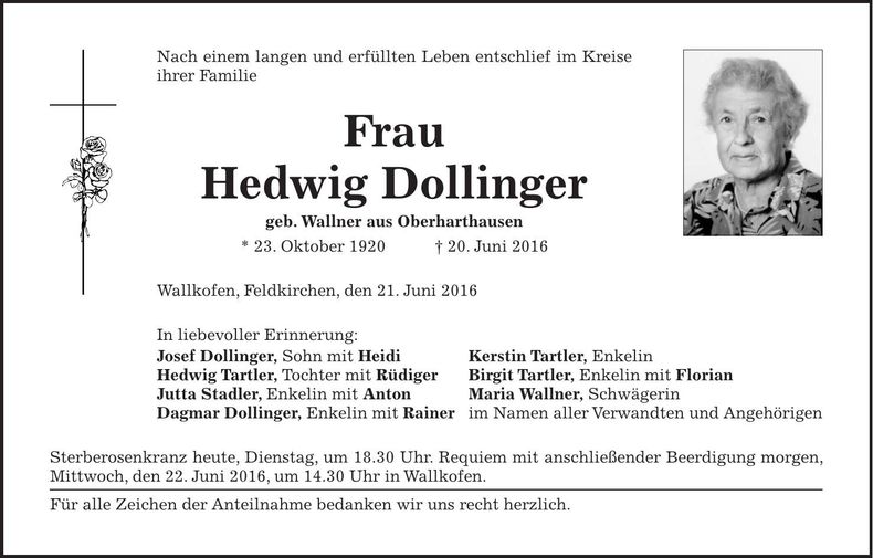 Traueranzeige Hedwig Dollinger