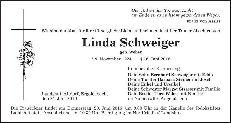 Traueranzeige Linda Schweiger