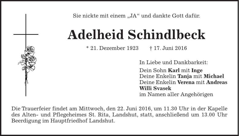 Traueranzeige Adelheid Schindlbeck