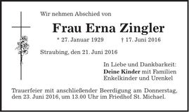 Traueranzeige Erna Zingler