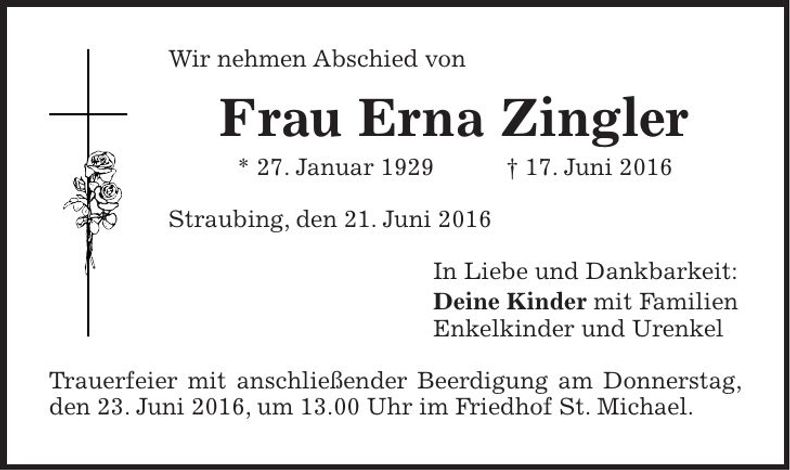 Traueranzeige Erna Zingler