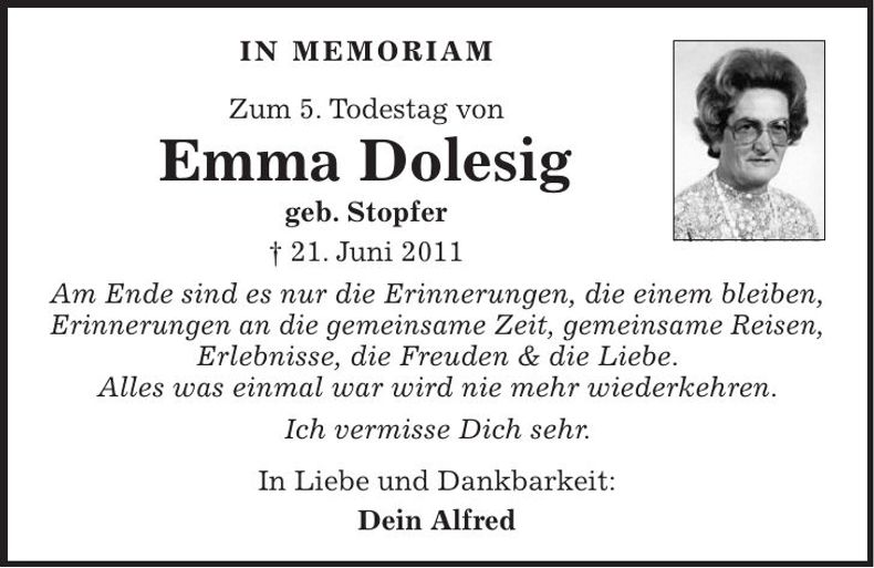 Traueranzeige Emma Dolesig