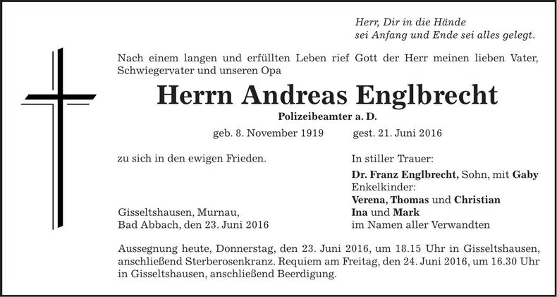 Traueranzeige Andreas Englbrecht