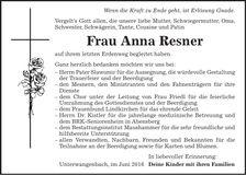 Traueranzeige Maria Resner