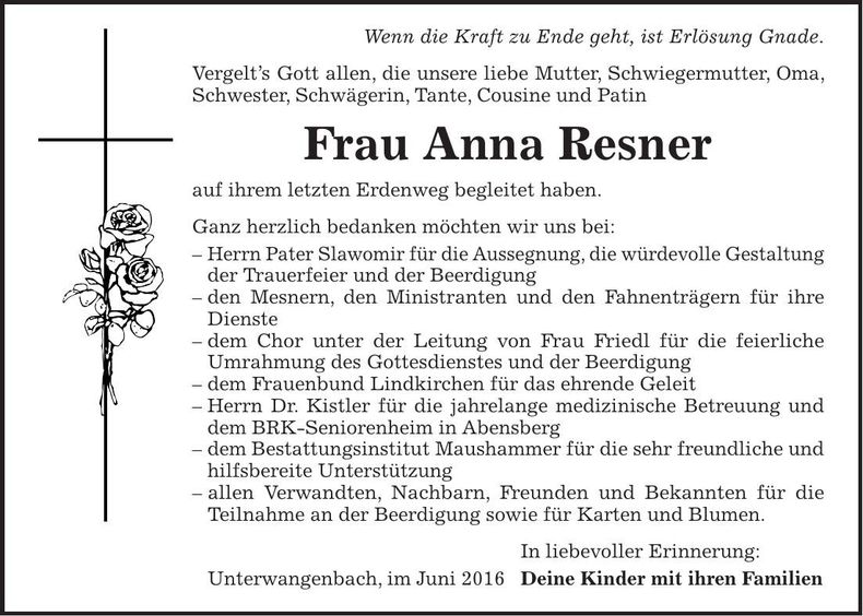 Traueranzeige Maria Resner