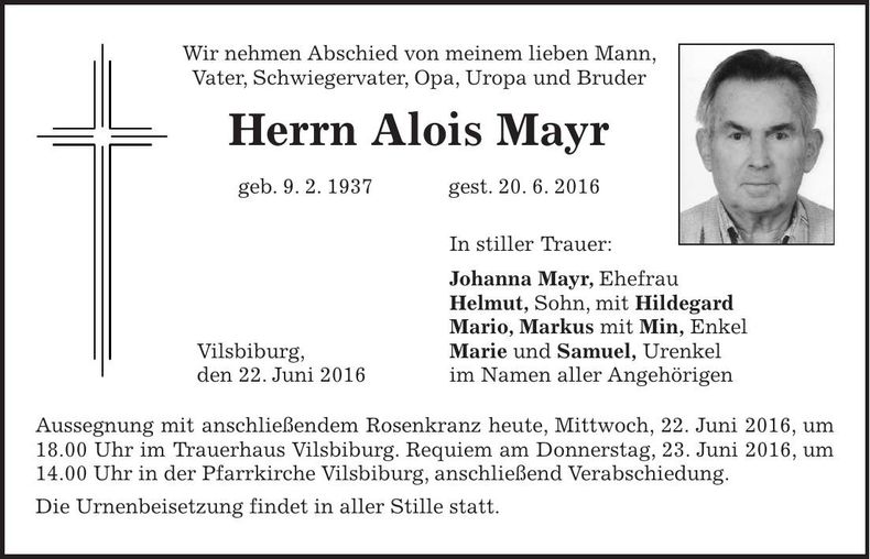 Traueranzeige Alois Mayr
