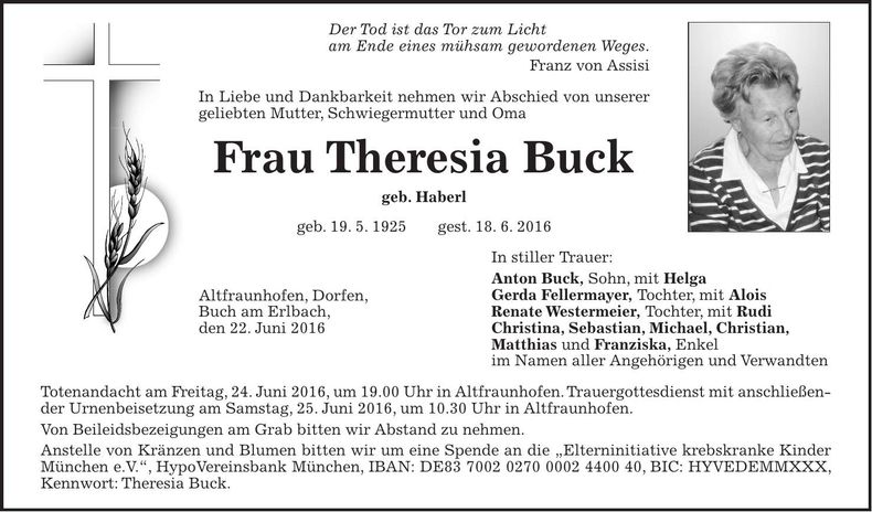 Traueranzeige Theresia Buck