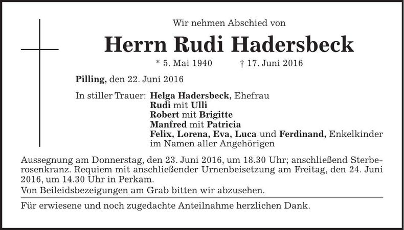 Traueranzeige Rudi Hadersbeck