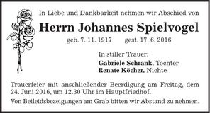 Traueranzeige Johannes Spielvogel