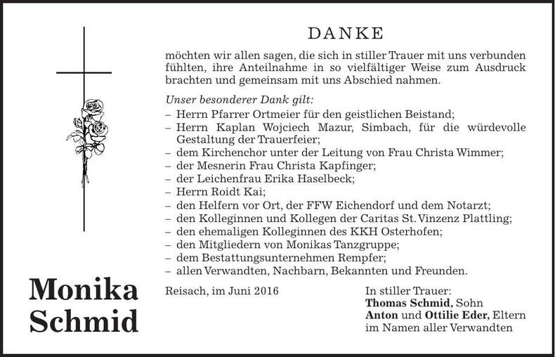 Traueranzeige Monika Schmid