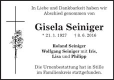 Traueranzeige Gisela Seiniger
