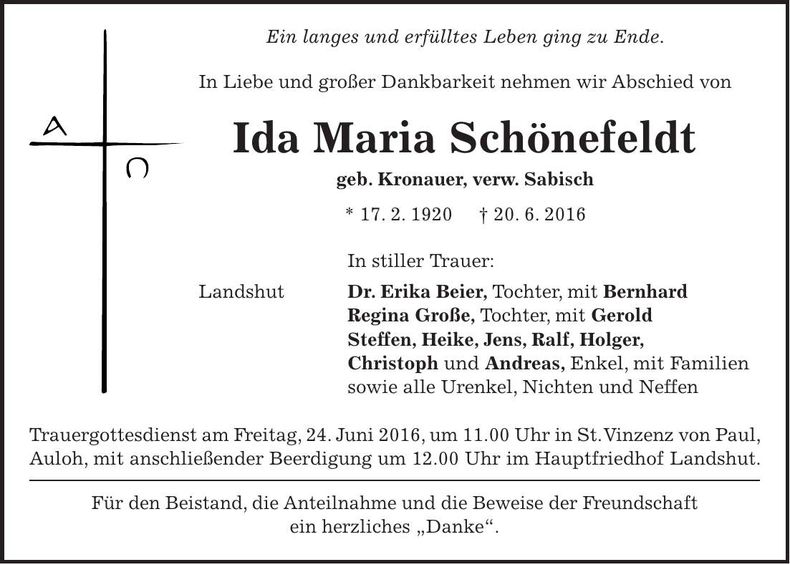 Traueranzeige Ida Maria Schönefeldt