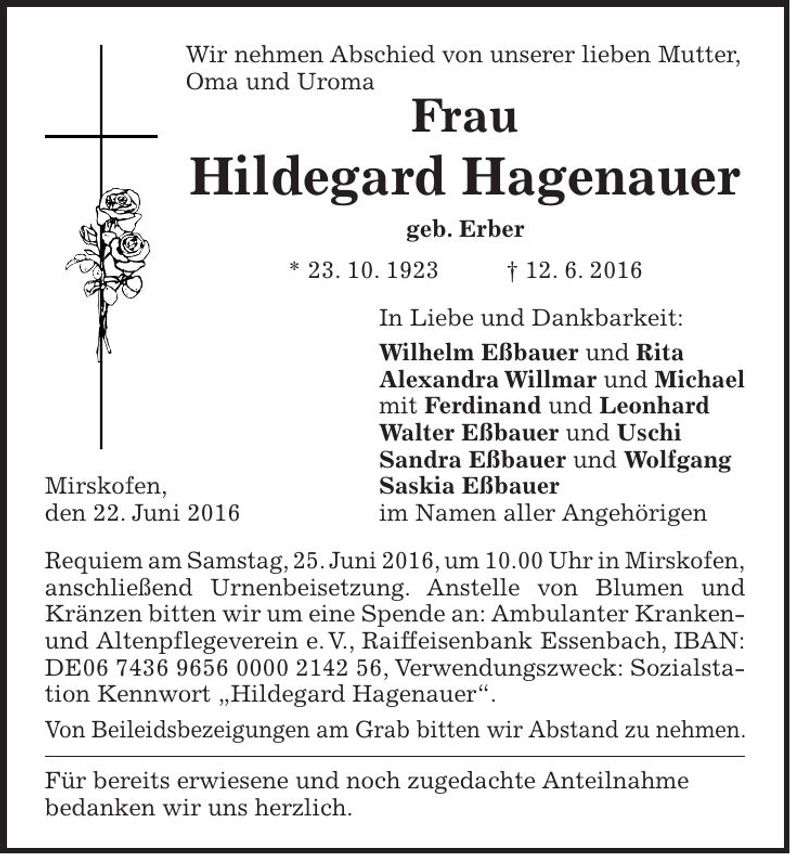 Traueranzeige Hildegard Hagenauer