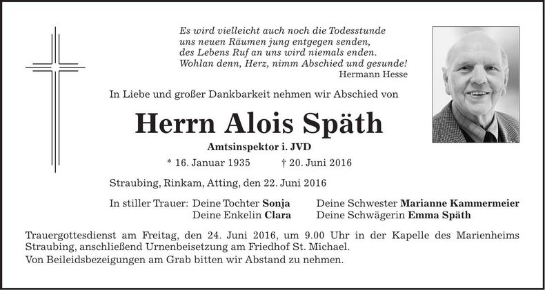 Traueranzeige Alois Späth