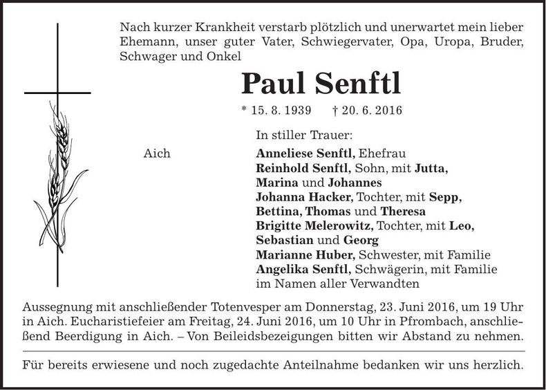 Traueranzeige Paul Senftl