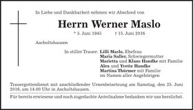 Traueranzeige Werner Maslo