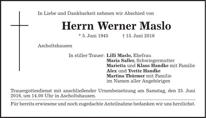Traueranzeige Werner Maslo