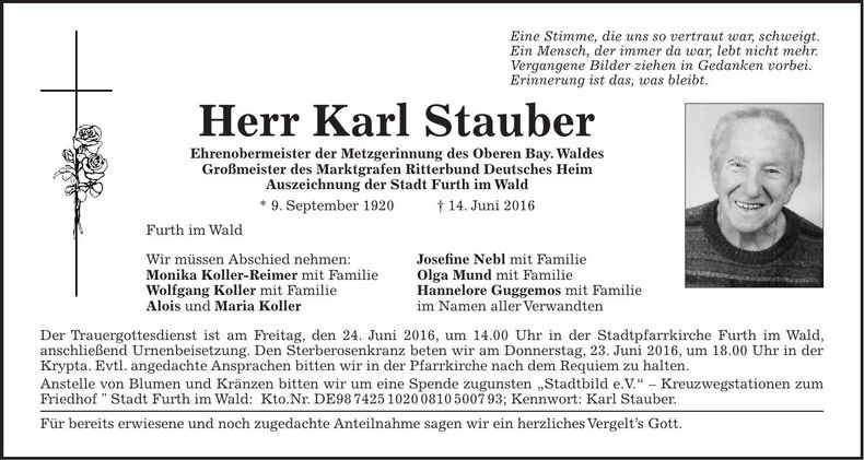 Traueranzeige Karl Stauber