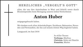 Traueranzeige Anton Huber