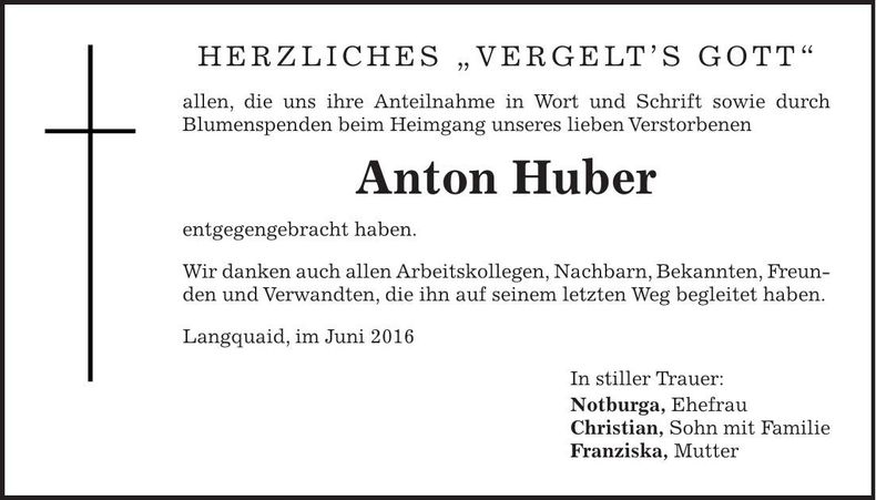 Traueranzeige Anton Huber